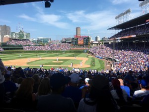 View down the first base line at Wrigley Field today