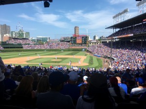 View down the first base line at Wrigley Field today