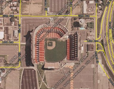 Last large section of the Mile High stadium during demolition : r