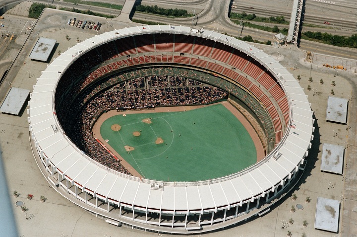 Aerial of Riverfront Stadium, former home of the Cincinnati Reds
